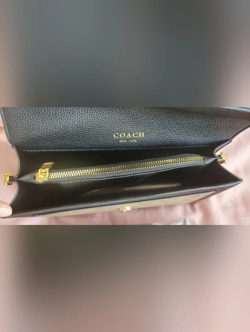 Coach Black Pebbled and Brown Signature Clutch/ Crossbody Bag. Brand New